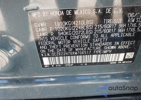 2024 Honda Hr-V Awd Ex-L/Awd Ex-L W/O Bsi z USA, uszkodzony, nr VIN 3CZRZ2H76RM706517